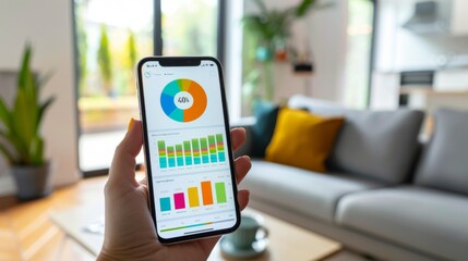 Fototapete - A smartphone screen displaying a budgeting app with colorful graphs depicting spending habits