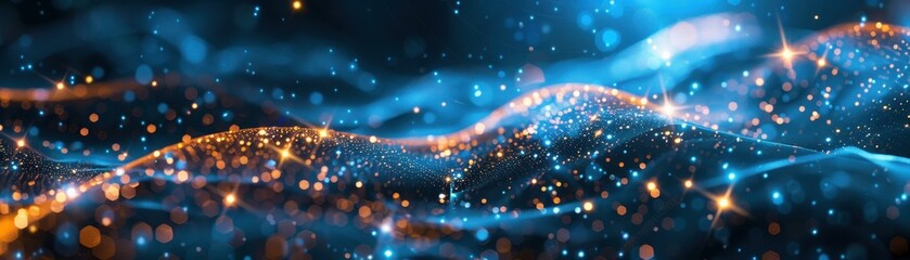 An abstract digital artwork featuring a swirling pattern of blue and orange lights, resembling a wave-like structure with twinkling bokeh effects and star-like highlights.