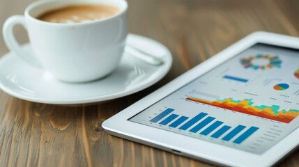 Wall Mural - A tablet with financial graphs and charts lying on a desk next to a cup of coffee, illustrating morning market analysis