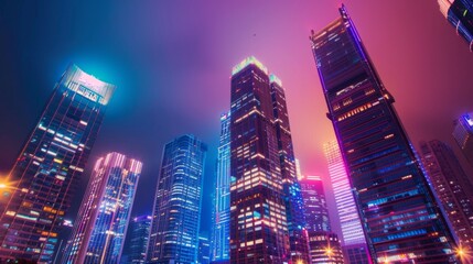 Poster - An evening view of skyscrapers lit up in various colors, creating a vibrant and lively atmosphere in the city center