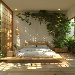 Wall Mural - Minimalist Japanese Style Bedroom with Plants and Wooden Platform Bed