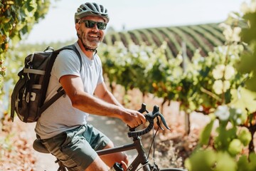 Smiling man enjoys a bicycle tour through sunlit vineyards, pausing to revel in the serene beauty of the grapevines