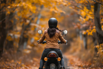 woman on her motorcycle rides through a forest path, surrounded by the vibrant colors of autumn leav