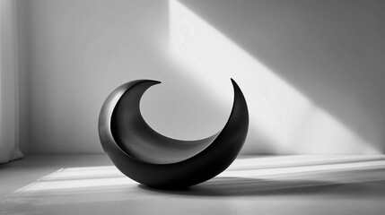 Sticker - AI-generated illustration of a minimalist black crescent-shaped sculpture