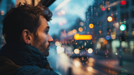 Wall Mural - A man lost in thought, looking at the city passing by from a bus window, blurred background, with copy space	
