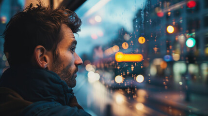 Poster - A man lost in thought, looking at the city passing by from a bus window, blurred background, with copy space	