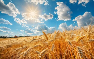 Golden wheat field under a bright sunny sky with clouds, capturing a serene and bountiful harvest landscape.