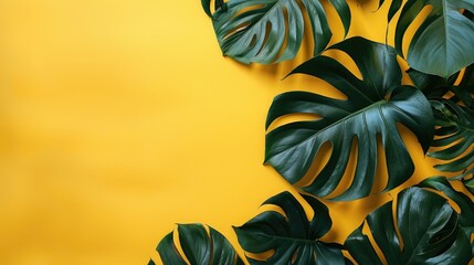 Wall Mural - Monstera leaves on a vibrant yellow background with text space Tropical plant under bright lighting in creative arrangement