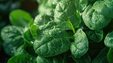 Close-up of fresh, dewy spinach leaves in a bunch