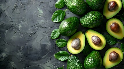 Fresh Organic Green Avocados on Dark Concrete Background