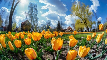 Wall Mural - Spring village landscape with yellow tulips in a fish eye lens