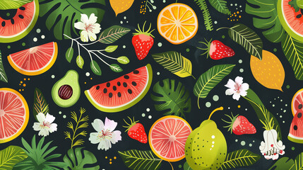 Colorful tropical fruits and flowers pattern with watermelon, avocado, lemon, and leaves on dark background. Vibrant summer illustration.