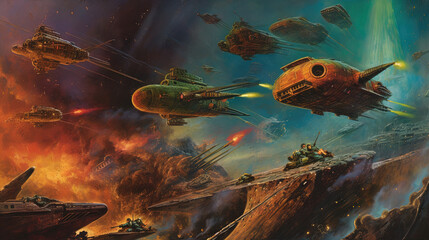 Space ships battle over alien planet in 80s books style. Retro science fiction illustration.