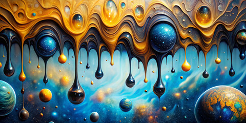 Canvas Print - Vivid planets and stars are depicted in a cosmic setting,and a golden substance drips from above into the deep blue space below.Size and detail of the celestial bodies varies in the surreal scene.AI