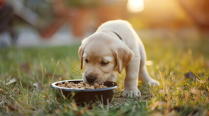 Cute puppy eating from a bowl at sunset in a grassy field. Adorable young dog enjoying a meal outdoors with beautiful backlighting.