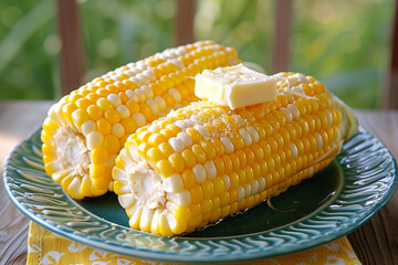 Two pieces of corn on the cob with butter on a plate