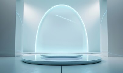 Wall Mural - A 3D podium with a holographic effect, floating in a futuristic, minimalistic white studio, with soft blue light highlighting the platform and giving it a high-tech appearance