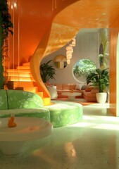 Wall Mural - Modern Interior Design with Curved Staircase and Green Sofa