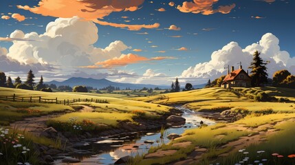 Wall Mural - Golden hour sunlight on peaceful countryside