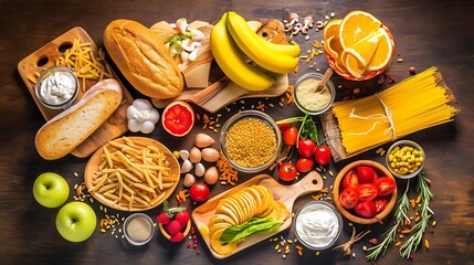 Wall Mural - reducing processed foods a colorful assortment of fruits and vegetables arranged on a wooden table, including green apples, ripe yellow bananas, red tomatoes, and a brown egg