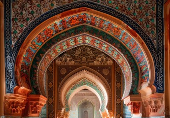 Wall Mural - Photo of an ornate mihrab (prayer niche) inside a mosque, with intricate patterns and vibrant colors