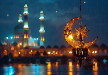 Wall Mural - Photo of a crescent moon and star lantern hanging outside a mosque at night, with the mosque illuminated in the background