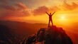 © Dara - A powerful silhouette of a businessman triumphantly raising his arms on top of a mountain at sunset, representing the fulfillment of his aspirations and dreams.
