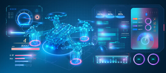 Fototapete - A detailed futuristic HUD interface displaying a drone with various data visualizations and technical information. Perfect for illustrating advanced technology, drone controls, and digital interfaces.