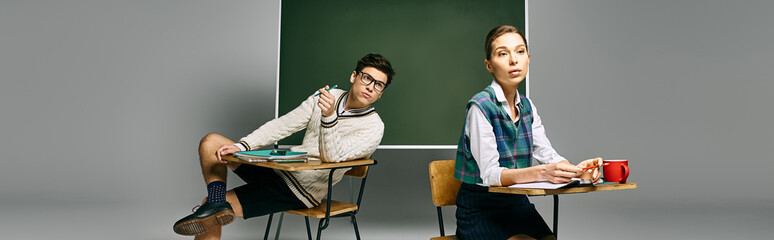 Wall Mural - Two elegant students sit at a desk in a college classroom, engaging with a green board.