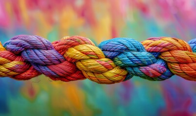 Wall Mural - A close-up of a strong, braided rope made of multiple colored strands, symbolizing diverse strength, unity, and teamwork on a vibrant background