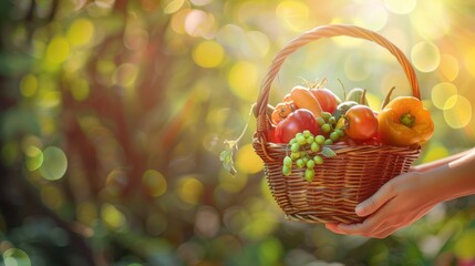 Female hands holding a basket filled with a rich variety of fresh vegetables