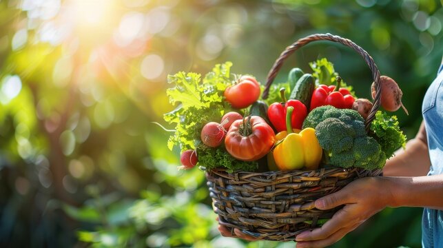 female hands holding a basket filled with a rich variety of fresh vegetables