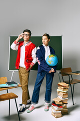 Wall Mural - students in college attire standing by green board with books and globe.