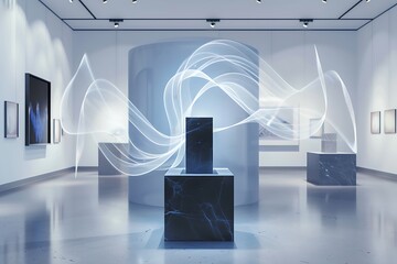 Canvas Print - A 3D waveform twisting around a minimalist sculpture in an art gallery