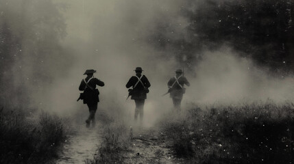 Wall Mural - Three soldiers running away from explosion on battlefield