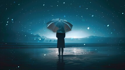 A person holding a floating umbrella with rain falling only inside it, symbolizing isolation