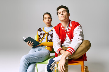 Wall Mural - A young male and female students sit on chairs, deeply engaged in holding a book.