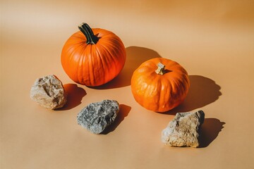 There are two pumpkins and three rocks on a beige-colored surface.

