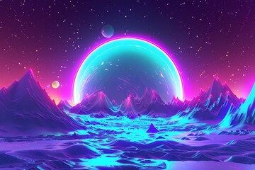 Wall Mural - vibrant neon landscape with futuristic mountains and planets