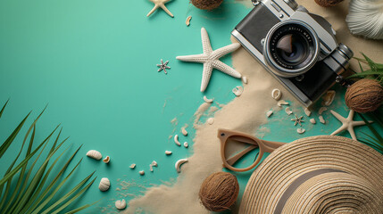 The beach accessories isolated on green background which top view. Summer is coming concepts. Vacation and travel concepts. Copy space for text. Generative AI Illustrations.