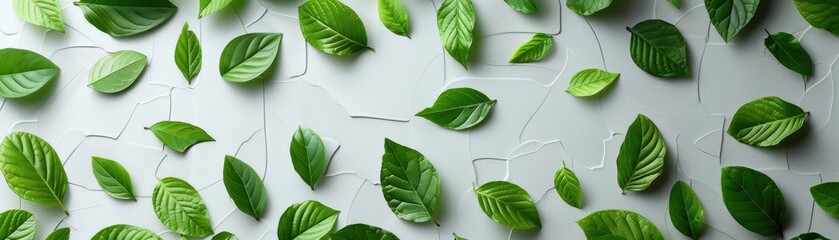 Wall Mural - Floating green leaves on white background