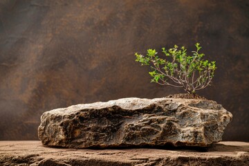 Wall Mural - Front view of rock, dry twig, small green tree and sand desert on dark brown. Empty rock as platform for display product. Natural beauty concept, minimal background - generative ai