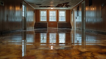 Canvas Print - Flooded basement with standing water and damaged interior