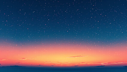 Beautiful gradient sky background with night stars and sunset, blue and orange gradient, grain texture, minimalist style.