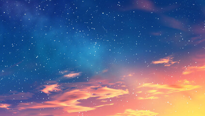 Wall Mural - Beautiful gradient sky background with night stars and sunset, blue and orange gradient, grain texture, minimalist style.