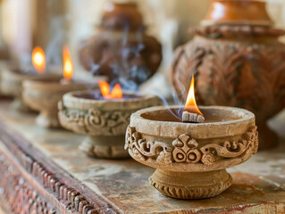 Wall Mural - Traditional carved incense holders with lit candles on a wooden table. Perfect for meditation and relaxation themes.