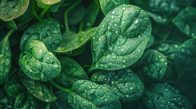 close-up of fresh, dewy spinach leaves in a bunch