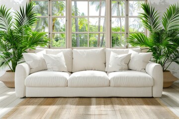 Wall Mural - Bright living room with comfortable white sofa and lush greenery