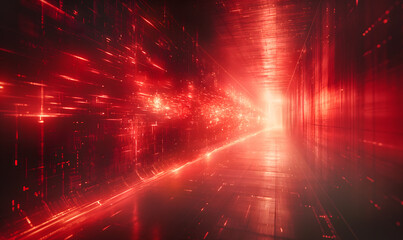 Canvas Print - Futuristic Red Data Stream in Digital Space Tunnel