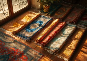 Wall Mural - Image of a set of colorful, ornate Islamic prayer rugs neatly arranged, with sunlight streaming through a window